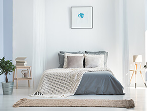 Light Blue Painted Bedroom Of Various Lighter Shades With Throw Rug